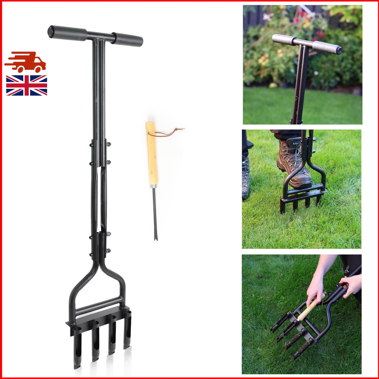 DIVCHI Lawn Aerator Tool, Aerator Lawn Coring Tool With Clean Tool, Manual Plug Aeration Tools With 4 Hollow Slots For Compacted Soil & Lawn Garden Care