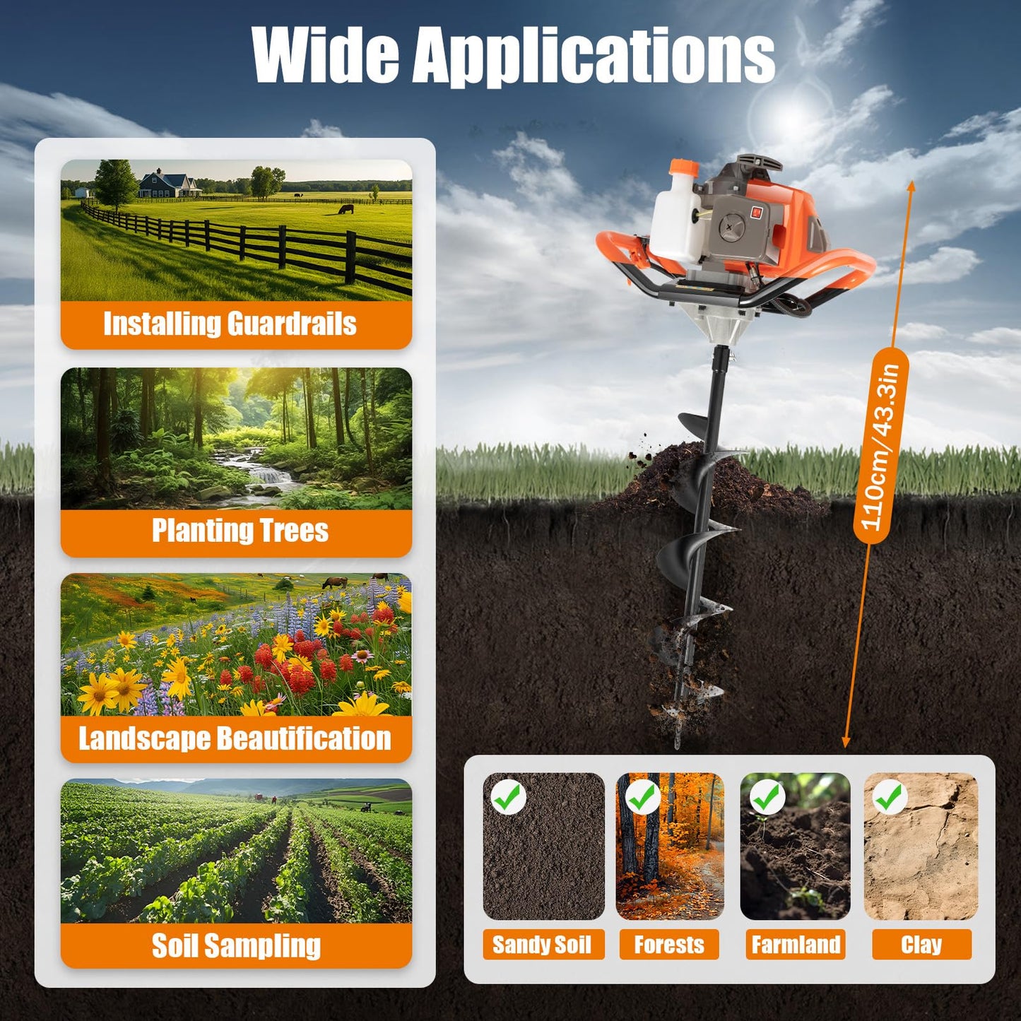 71cc 2-Stroke Petrol Earth Auger, Fence Posts 2.3 kW Petrol Drill (with 3 Bits) 100 mm 150 mm 200 mm, 2 Stroke Auger Post Hole Digger, for Digging Holes on Ice or Other Surfaces