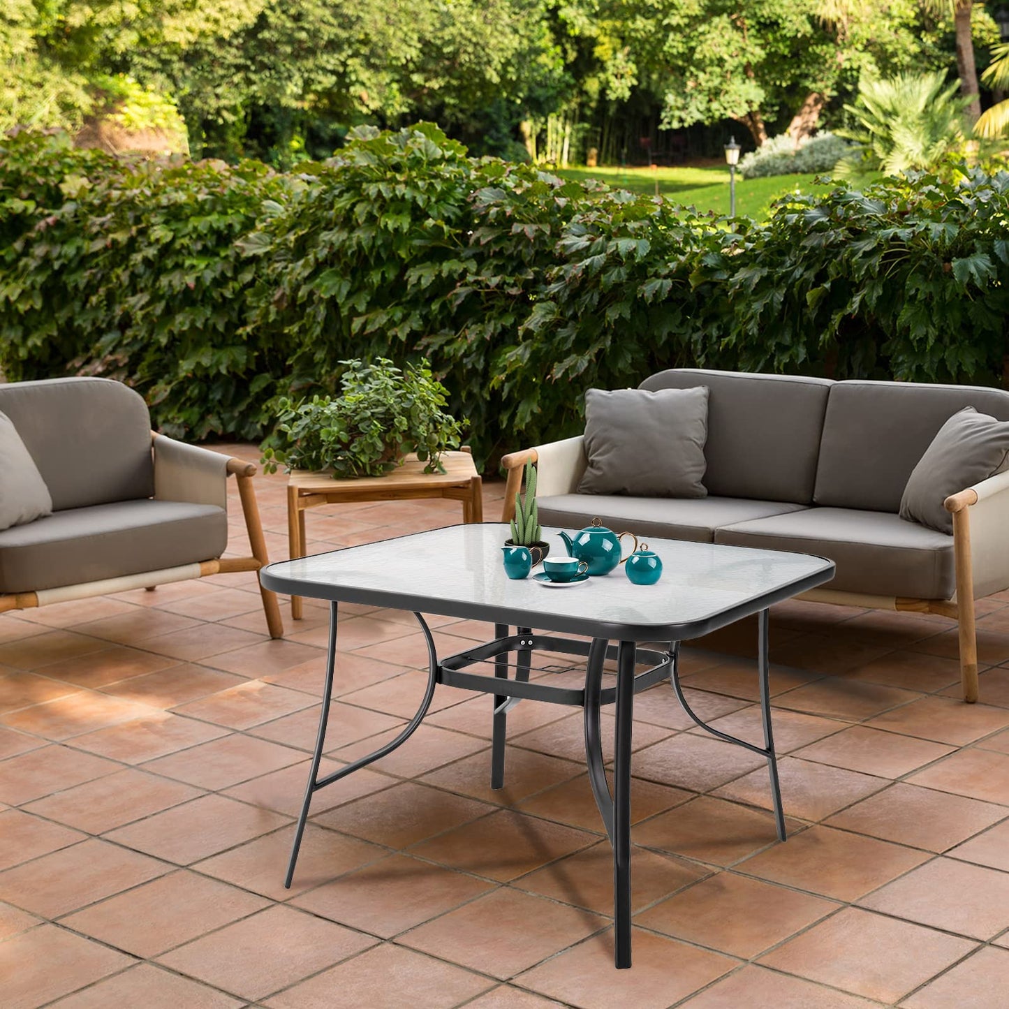 DKIEI 105cm Square Black Outdoor Table with Umbrella Hole, Modern Glass Top for Garden, Patio, Balcony, Backyard