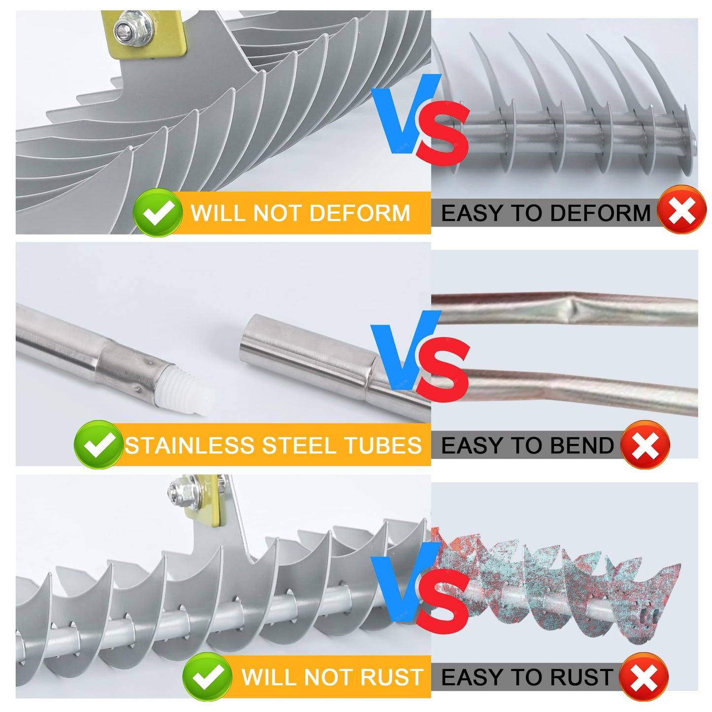 BARAYSTUS Straw Rake, Lawn Rake with 148 cm Adjustable Long Handle Robust Garden Leaf Grabber Made of Carbon Steel, Multi-Purpose Lawn Comb for Weeding, Fertilising Lawn Thatching Rake Cleaning Dead