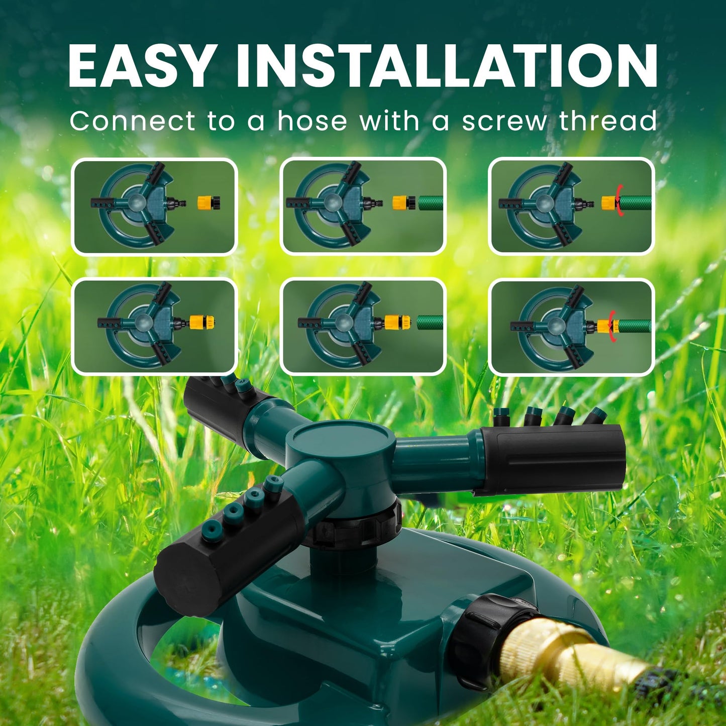 Green Haven Sprinkler 360° Rotation Attachment for Garden Hose, Premium Automatic Lawn Water Sprinkler with 3 Arms, Large Coverage Water Sprinklers for Lawns, Blue Green