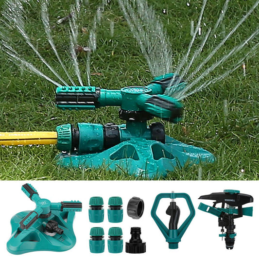 WISDOMWELL Garden Sprinkler Adjustable water spray range Suitable for large areas of lawn Automatic 360 Degree 3 Arm Rotating Sprinkler System Sprinklers (1Sprinkler-4Connectors-2 Sprinkler Head)