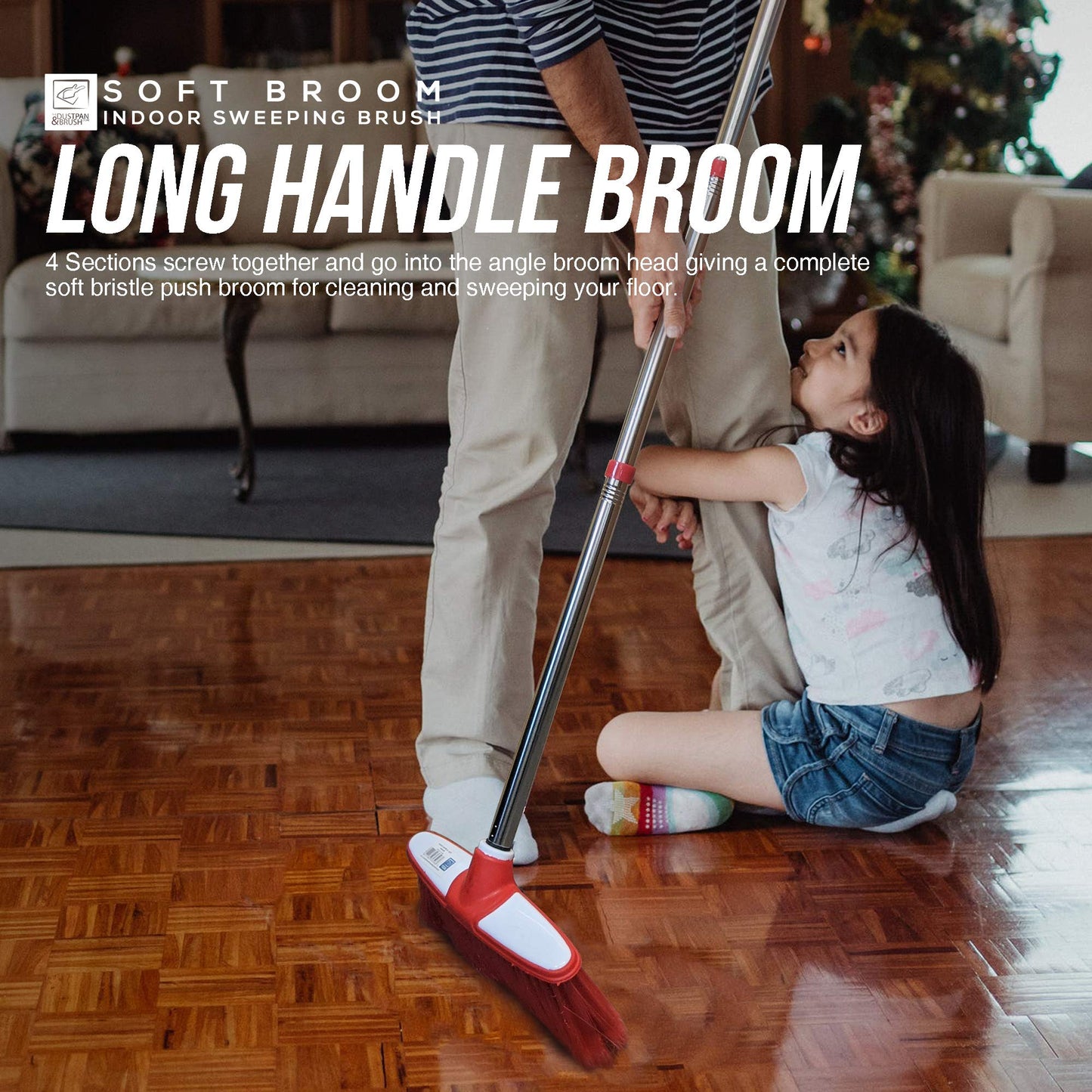 Soft Sweeping Brush Broom Indoor with Multi-Section Stainless Steel Long Handled Brush − House Broom Soft Bristle Brush for Cleaning Home and Kitchen Floors (Red)