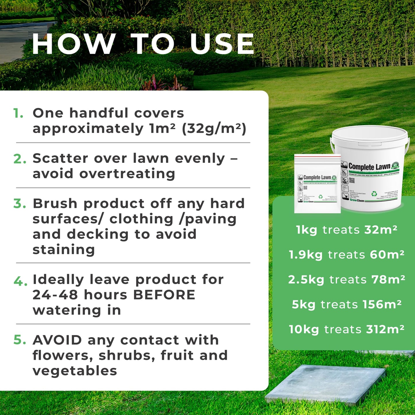 Grow Chem Complete Lawn Fertiliser (1KG Bucket) – Lawn Feed, Weed & Moss Killer - (Treats 32m Sq) - Stronger Turf & Greener Grass - All in One Lawn Treatment with Iron, Dicamba & Mecoprop-P