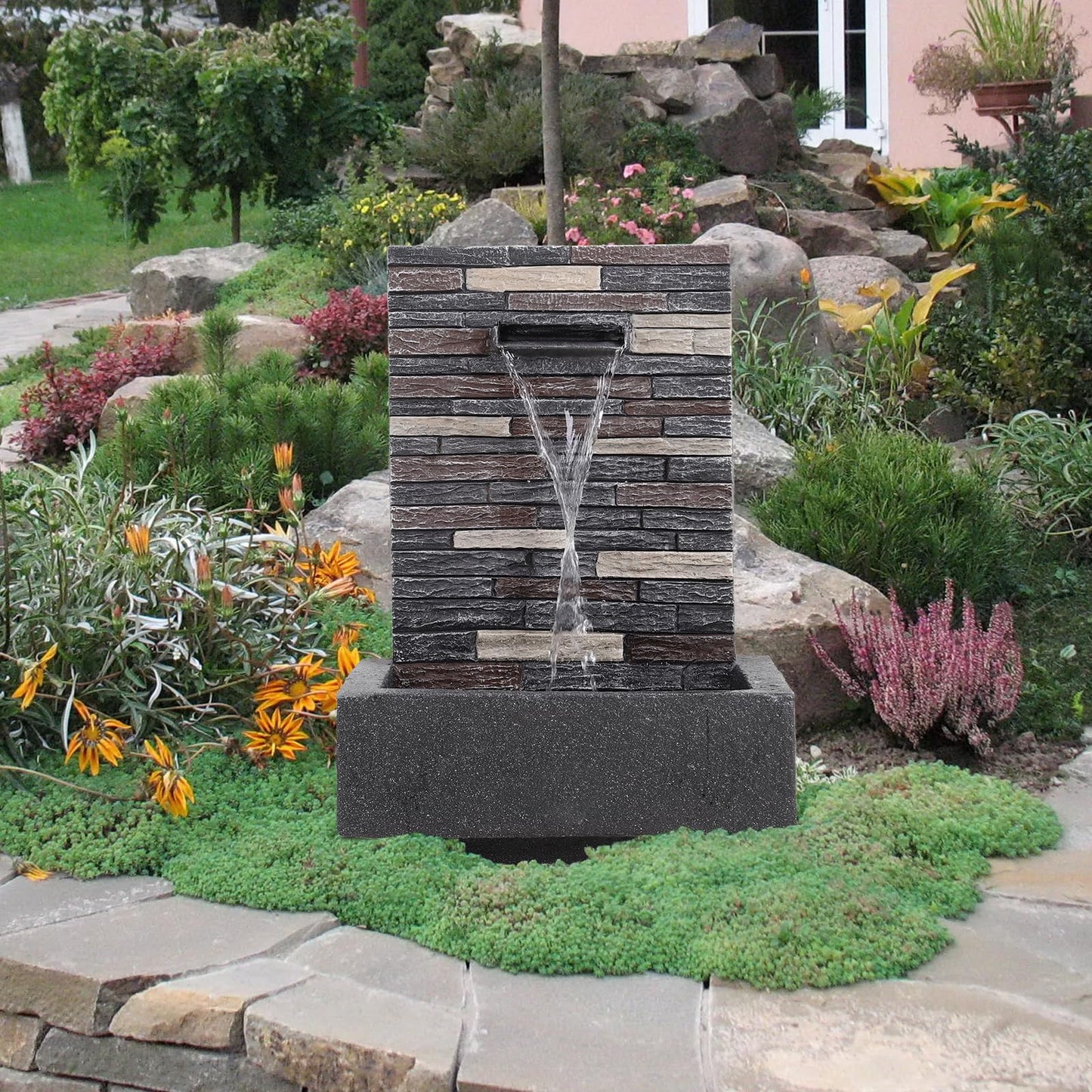 BTGGG 70CM Garden Water Feature Outdoor Long Strip Main Powered Water Fountain Indoor Slate Effect Modern Waterfall Ornament with Pump for Courtyard,living room,Hallway