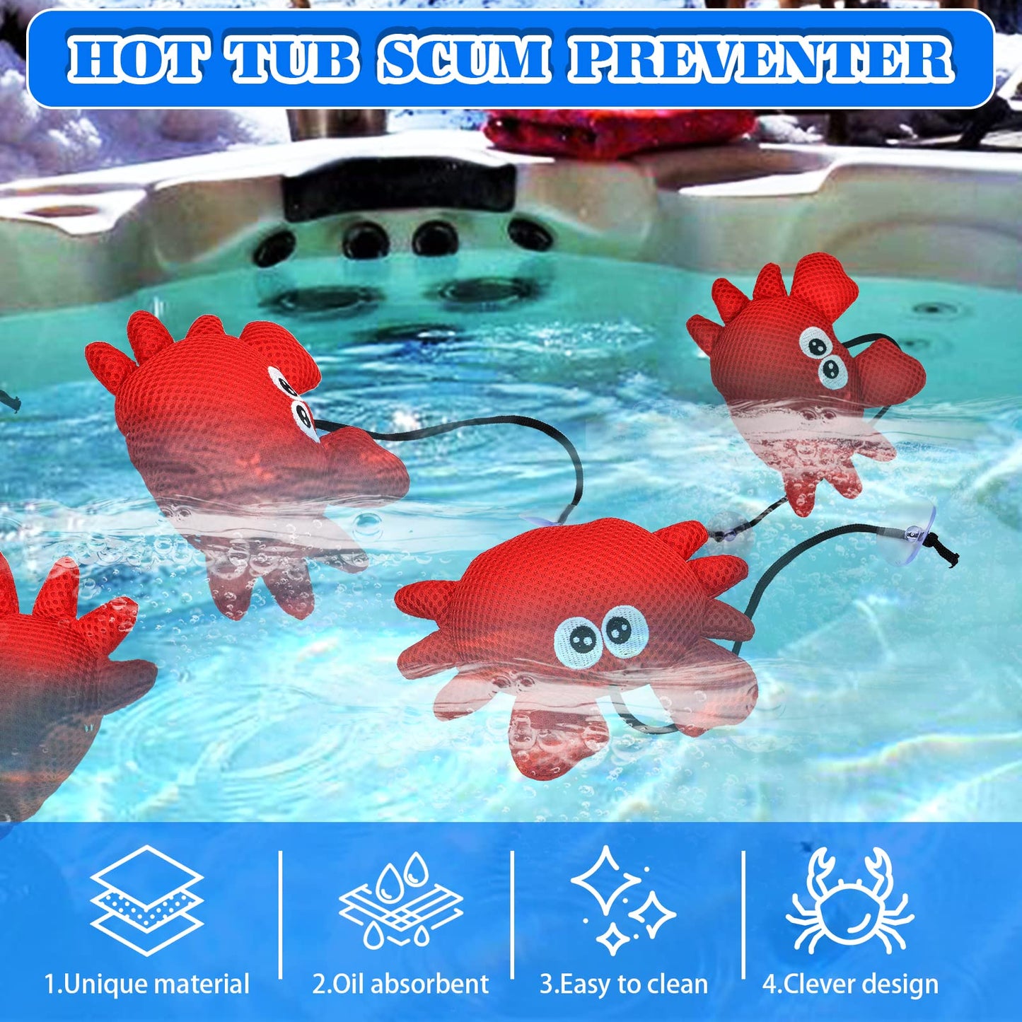 xinrongda 4 Pieces Hot Tub Scum Absorber for Spa, Reusable 3D Oil Absorbing Sponge, Hot Tub Cleaning Kit for Hot Tub Accessories, Swimming Pool and Spa, Crab