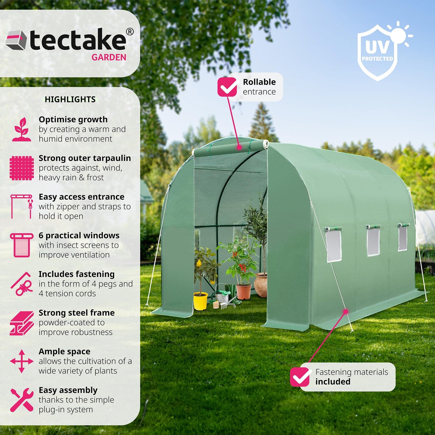 tectake® Greenhouse Polytunnel, Durable Steel Frame Grow Tent, PE Greenhouse Cover with Zip Door, 6 Mesh Windows, Frost-Resistant, 7m² Planting & Potting Space, Incl. Greenhouse Accessories - green