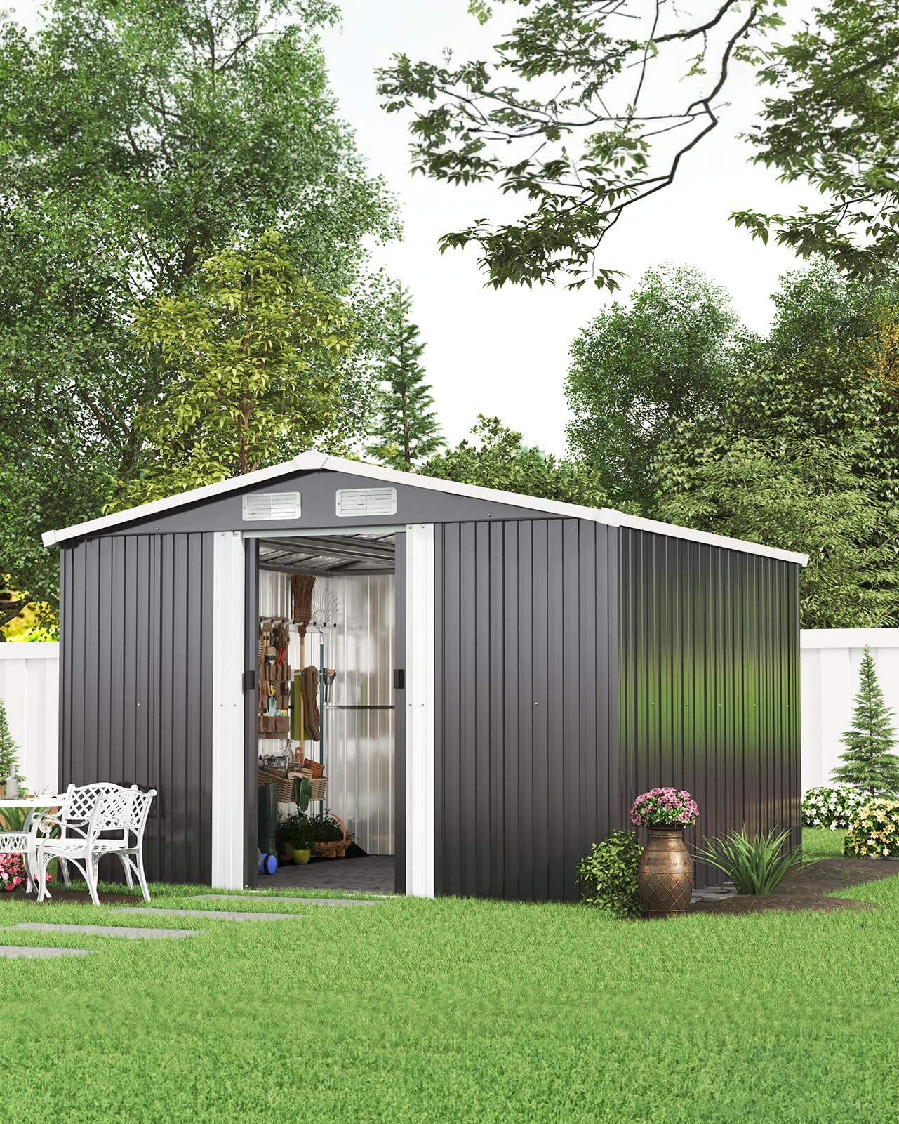 XEMQENER Large Garden Storage Shed with Base, 10x8 FT Metal Garden Shed with Door and Roof, Lockable Outdoor Storage House for Gardening Tools, Gardening Equipment, Bike, 257x312x178cm, Black