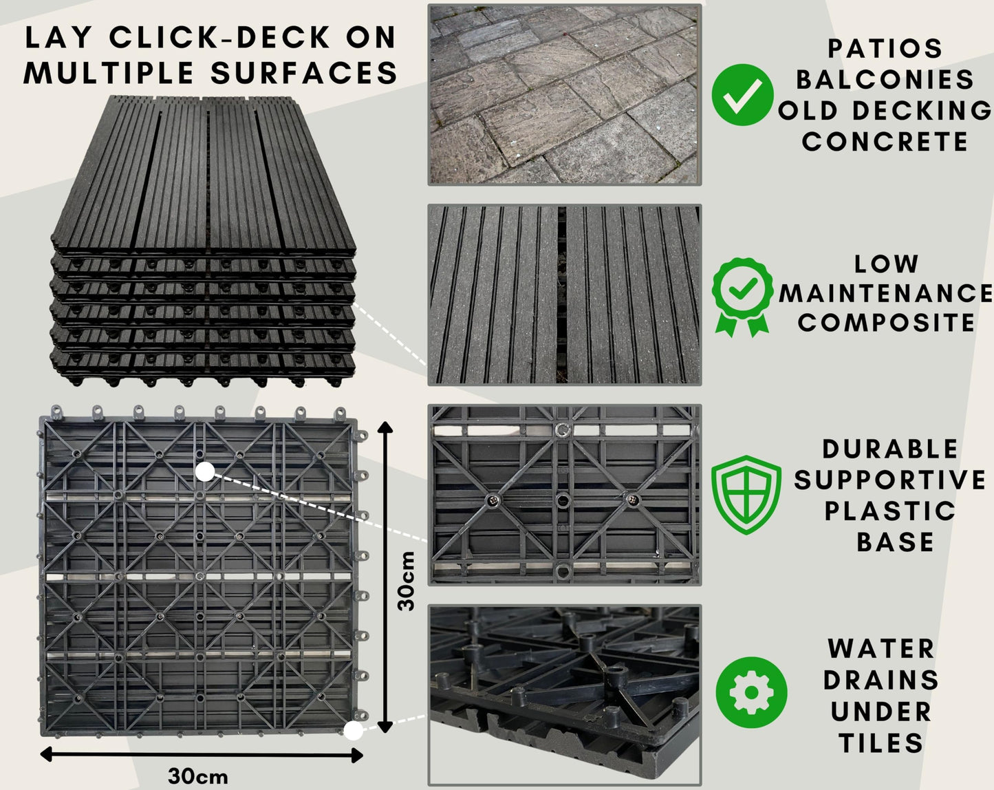 CLICK-DECK Composite Decking Tiles | Patio, Balcony, Concrete, Hot Tub Deck Tiles | 30x30cm Square Connect Flooring | Easy Installation | Low Maintenance | Great Drainage (6X Deck Tiles, Ebony)