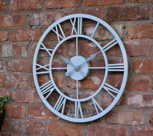 HH Home Hut GARDEN ORNAMENT WALL CLOCK LARGE INDOOR OUTDOOR GIANT OPEN FACE METAL 58CM GREY