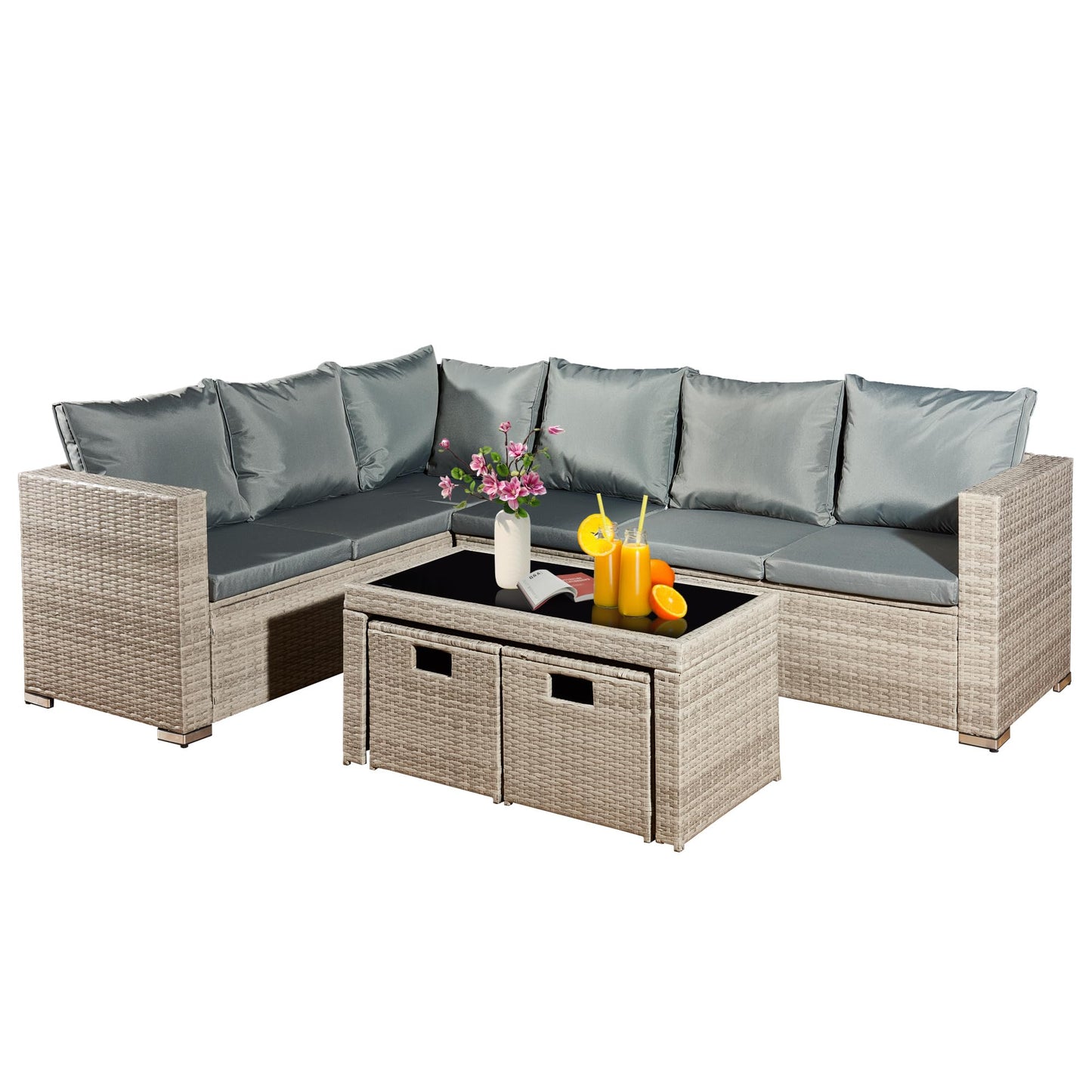 Aweather 8 Seater Rattan Corner Sofa Set Rattan Garden Furniture Set with Modern Glass Coffee Table and Washable Cushions (Gray)