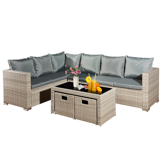 Aweather 8 Seater Rattan Corner Sofa Set Rattan Garden Furniture Set with Modern Glass Coffee Table and Washable Cushions (Gray)