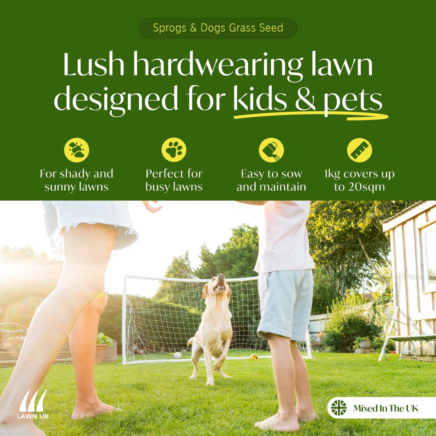 Sprogs & Dogs Ultra Hardwearing Grass Seed by Lawn UK - 2kg Up to 60sqm Coverage - Ultimate Tough Grass Seed for Family lawns - Fast Growing & Super Durable - Perfect for Children & Pets
