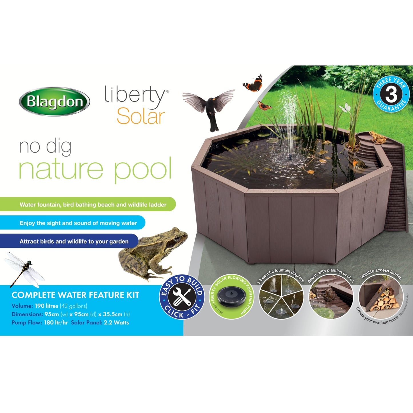 Blagdon Liberty No Dig Nature Pool, Raised Pond for Garden or Patio, Click Fit Easy Construction, with Floating Solar Fountain Pump, Bird Landing Platform, Wildlife Access Ladder and Planting Pocket