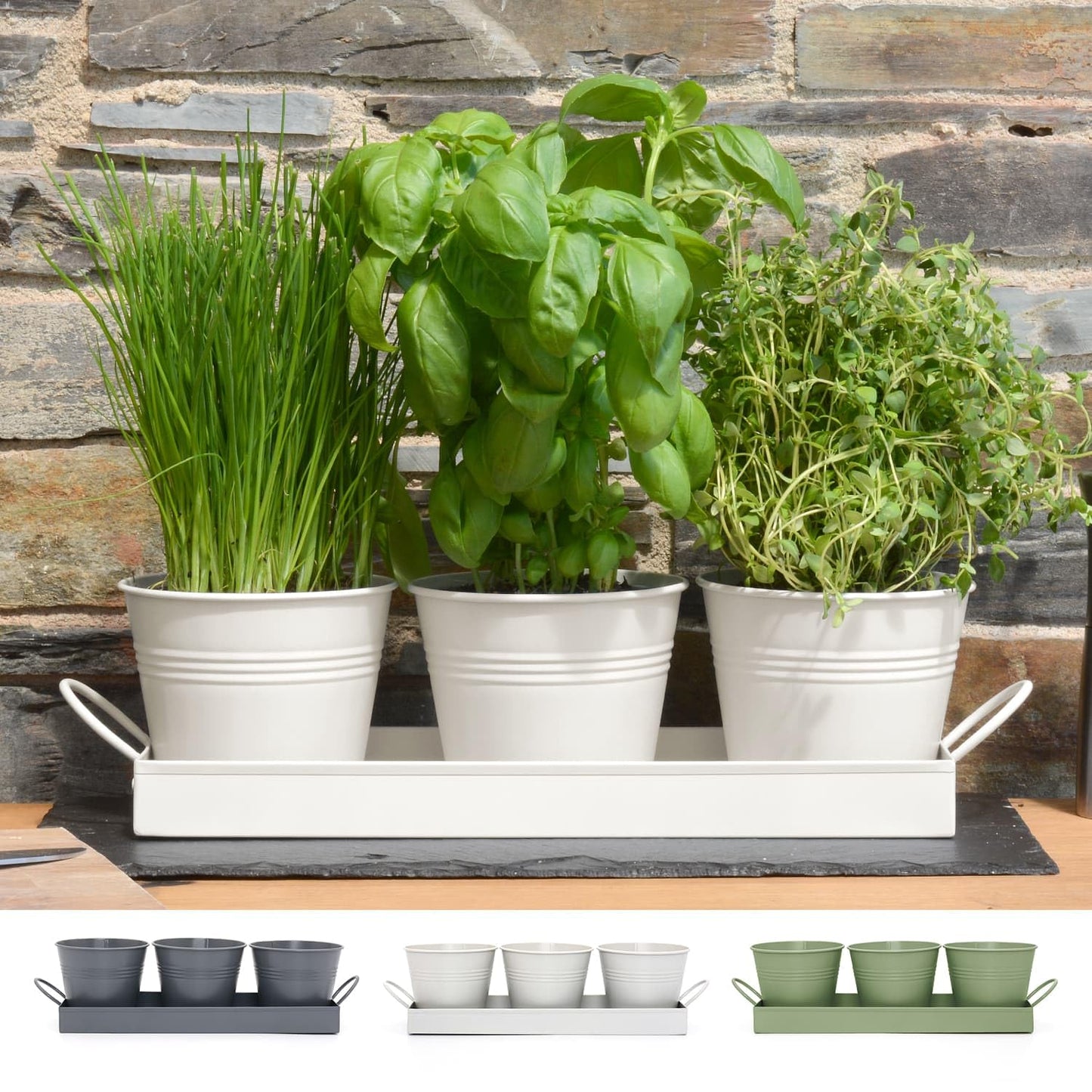CKB LTD Set of 3 Metal Herb Plant Pots with Drip Tray Traditional Indoor Windowsill Coloured Planter Box for The Kitchen Grow Your Own Herbs for Cooking (Chalk White)
