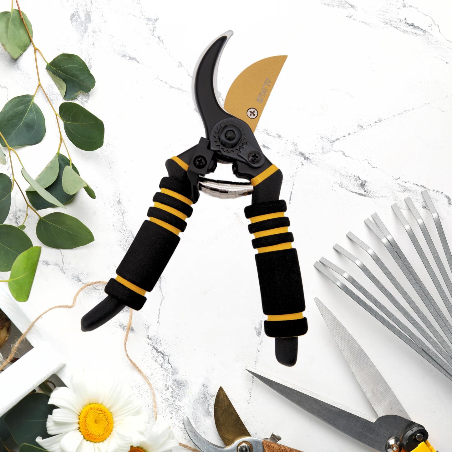 AUXIAR Secateurs – Heavy-Duty Bypass Professional Pruner Shears with PVC Handles & 8cm Titanium Blade, Includes Sharpener & Extra Spring – Garden Scissors & Pruners