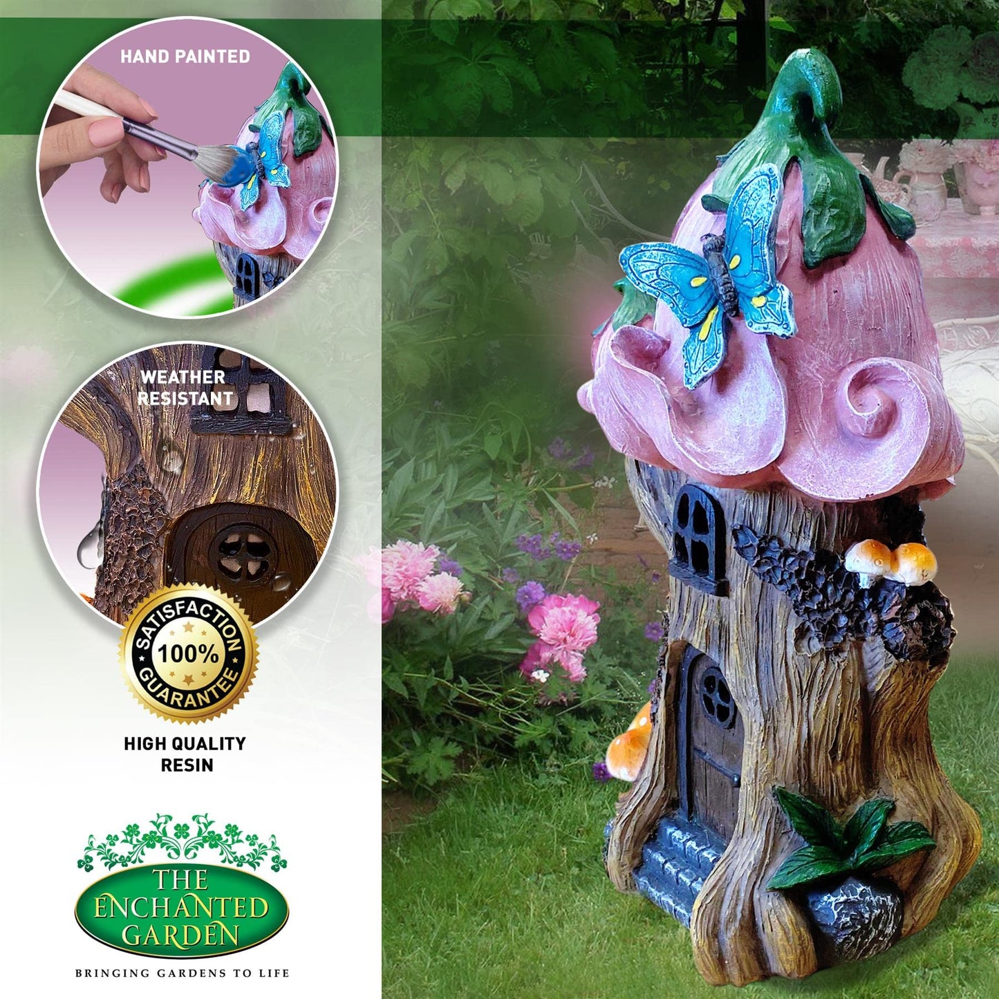 THE ENCHANTED GARDEN Fairy House Pink Flower Ornament Outdoor Decoration Fairy Garden Accessories Statue Elf Pixie Fairies Home