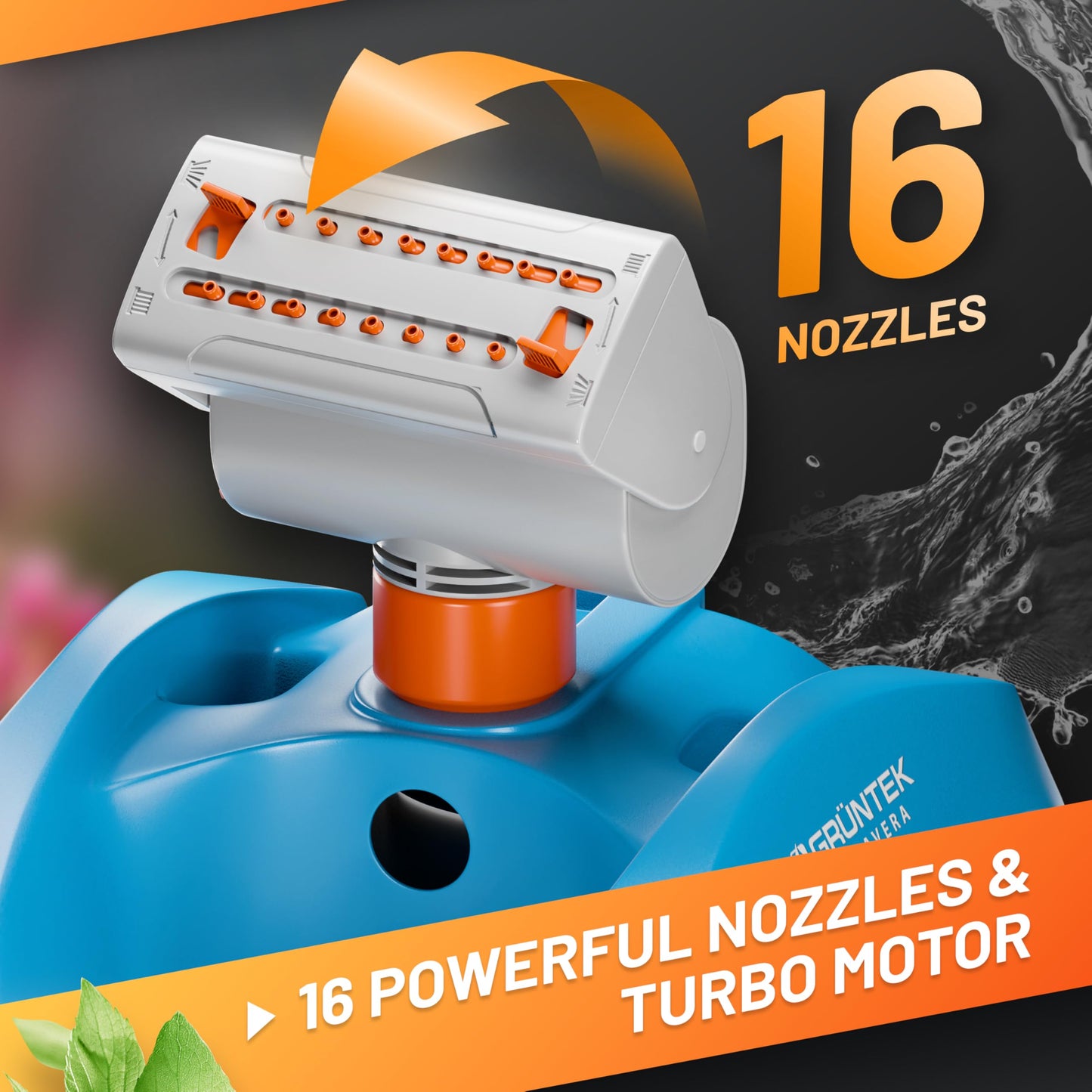 GRÜNTEK Mini - Lawn Sprinkler with 16 nozzles up to 378 m2 / 4069 ft2 Irrigation area with turbo engine