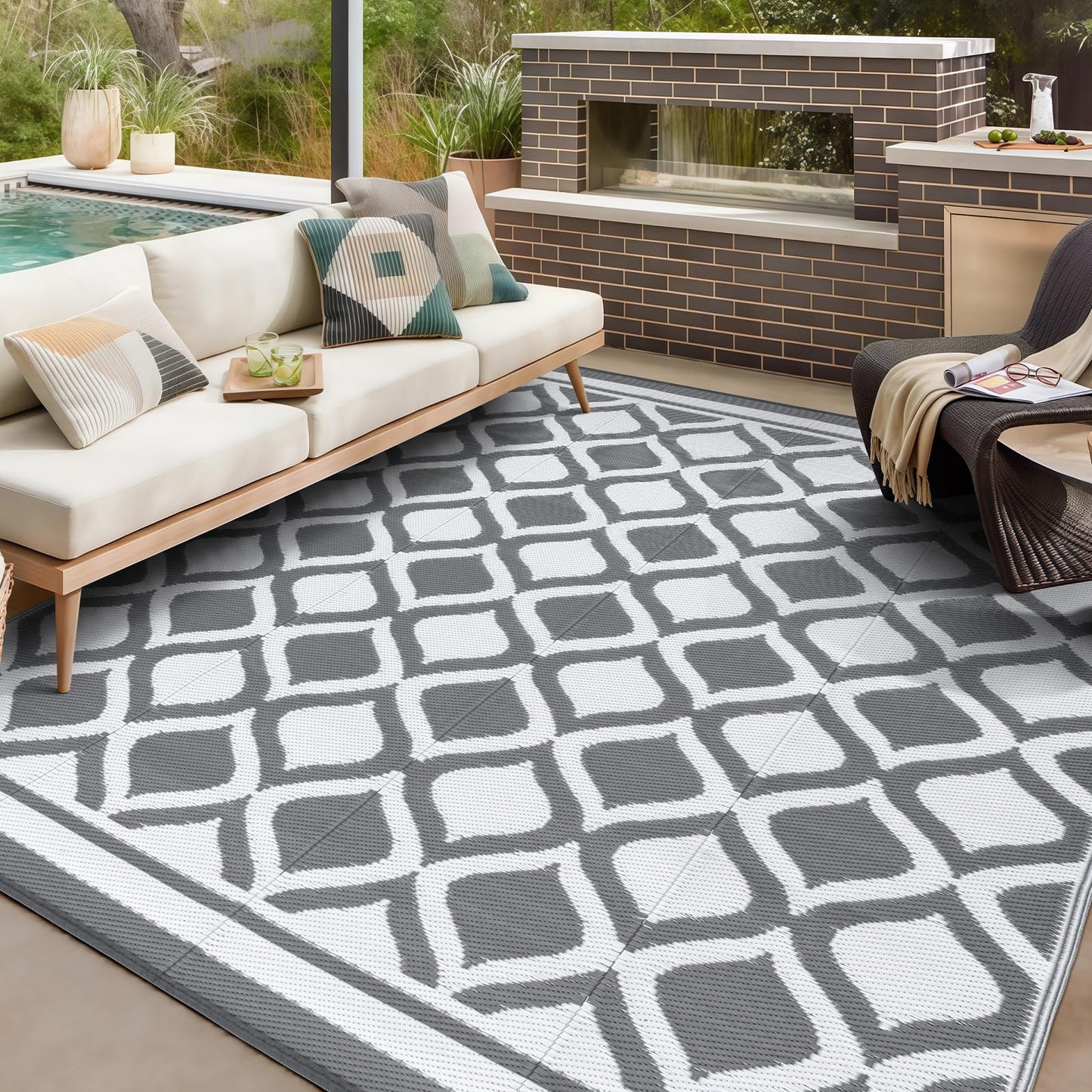 VK·living Outdoor Rug for Garden Patios Waterproof 120X180cm Reversible Carpet Durable & UV Resistant Modern Outdoor Mat Portable Lightweight Area Patio Rugs for Balcony Camping Yard RV Grey&White