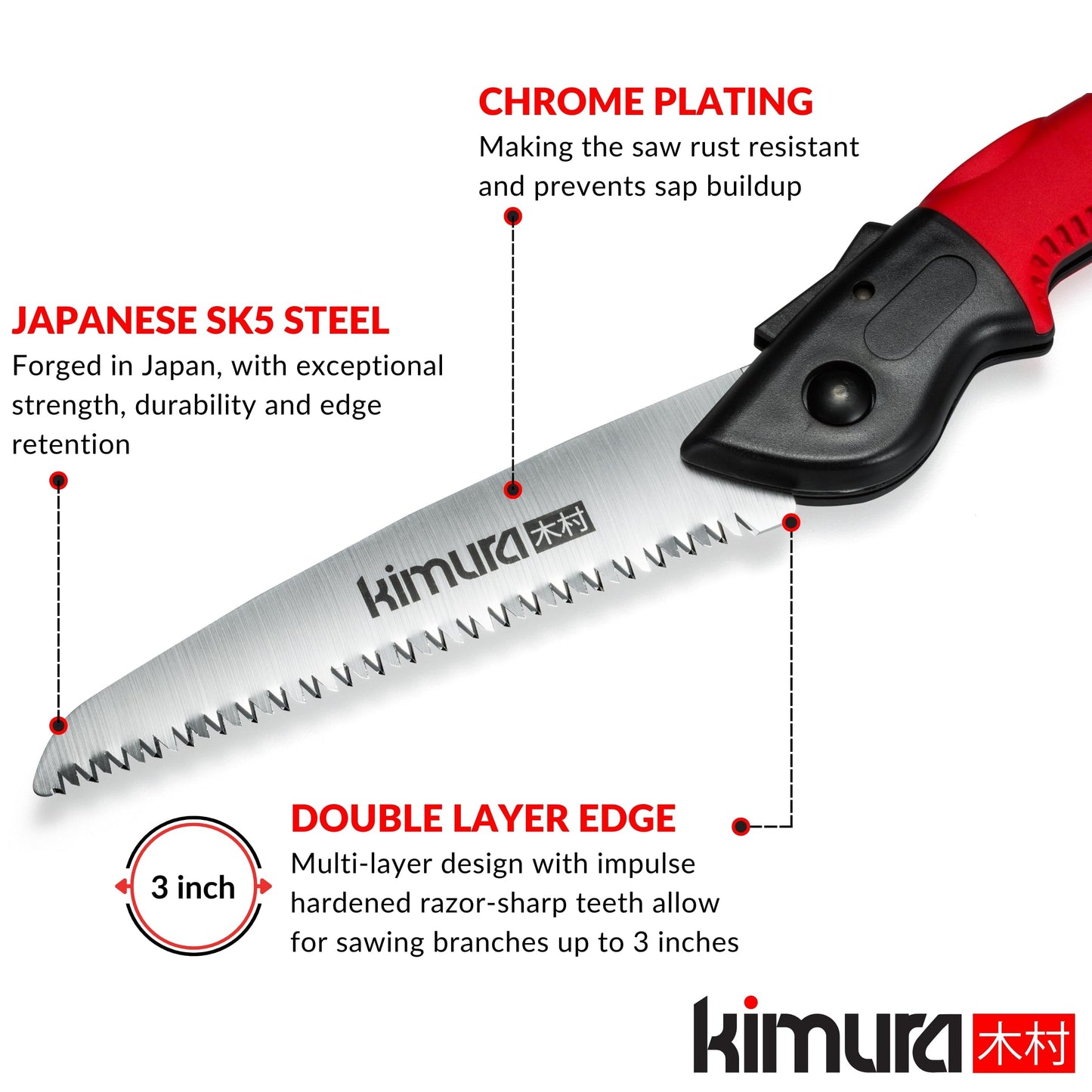 Kimura® Pro Folding Pruning Saw - Heavy Duty Premium Japanese SK5 Steel, Ergonomic Soft Non-Slip Handle, Lightweight Foldable Saw Ideal for Branches, Trimming, Camping, PVC, Hiking, Wood - 410mm