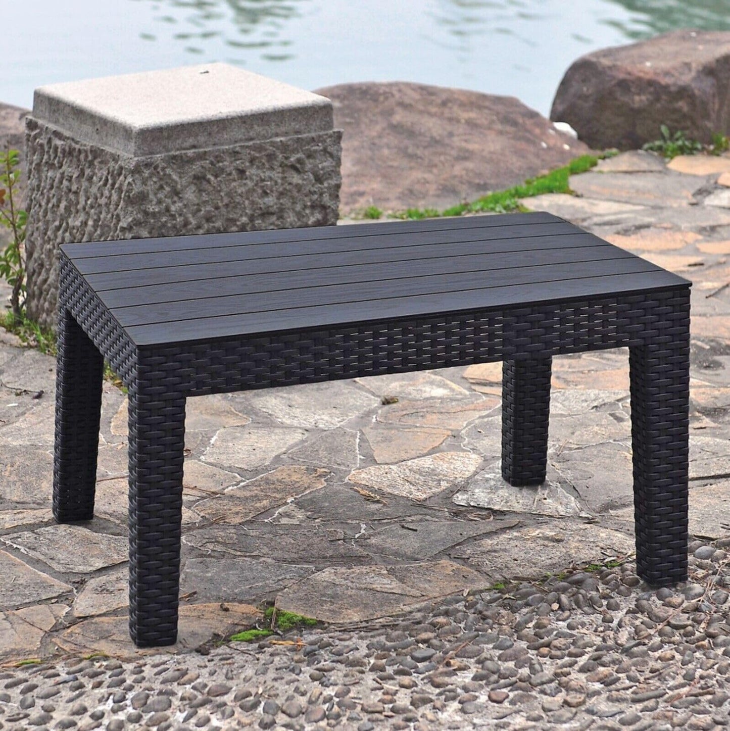 URBN GARDEN Black Rattan Coffee Table Stylish Outdoor Bistro Patio Furniture with Wood-Look Top, Perfect for Garden, Balcony, or End Patio Setting