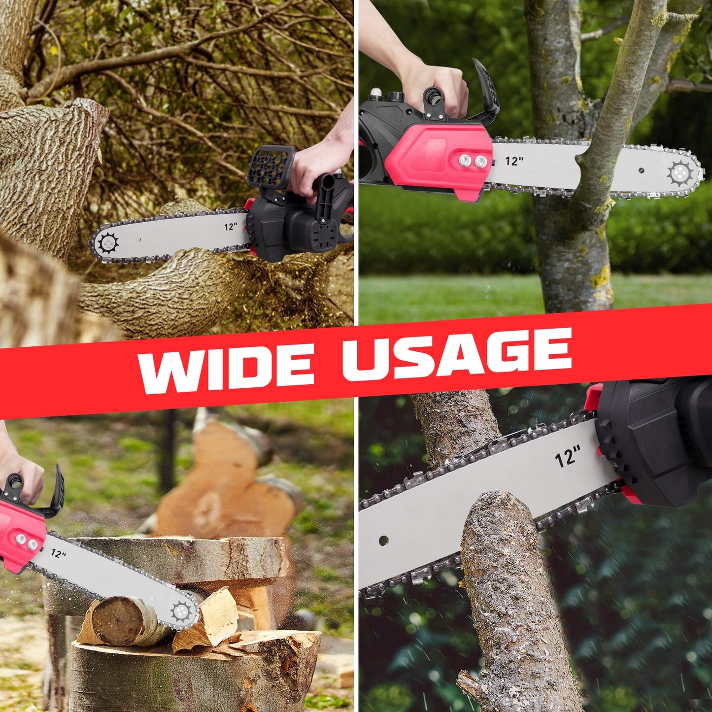 2000W Electric Chainsaw, 21V Cordless Chainsaw with Battery and Charger, 12in Powerful Electric Battery Chainsaw with 2 Chains, Chain Saw for Garden Tree Pruning, 4500rpm, 11m/s Chain Speed