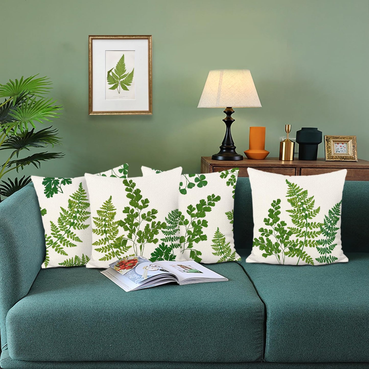 Bonhause Fern Leaves Cushion Covers 45 x 45 cm Green Botanical Leaf Decorative Throw Pillow Covers Polyester Linen Pillowcases for Sofa Garden Outdoor Decor Set of 4