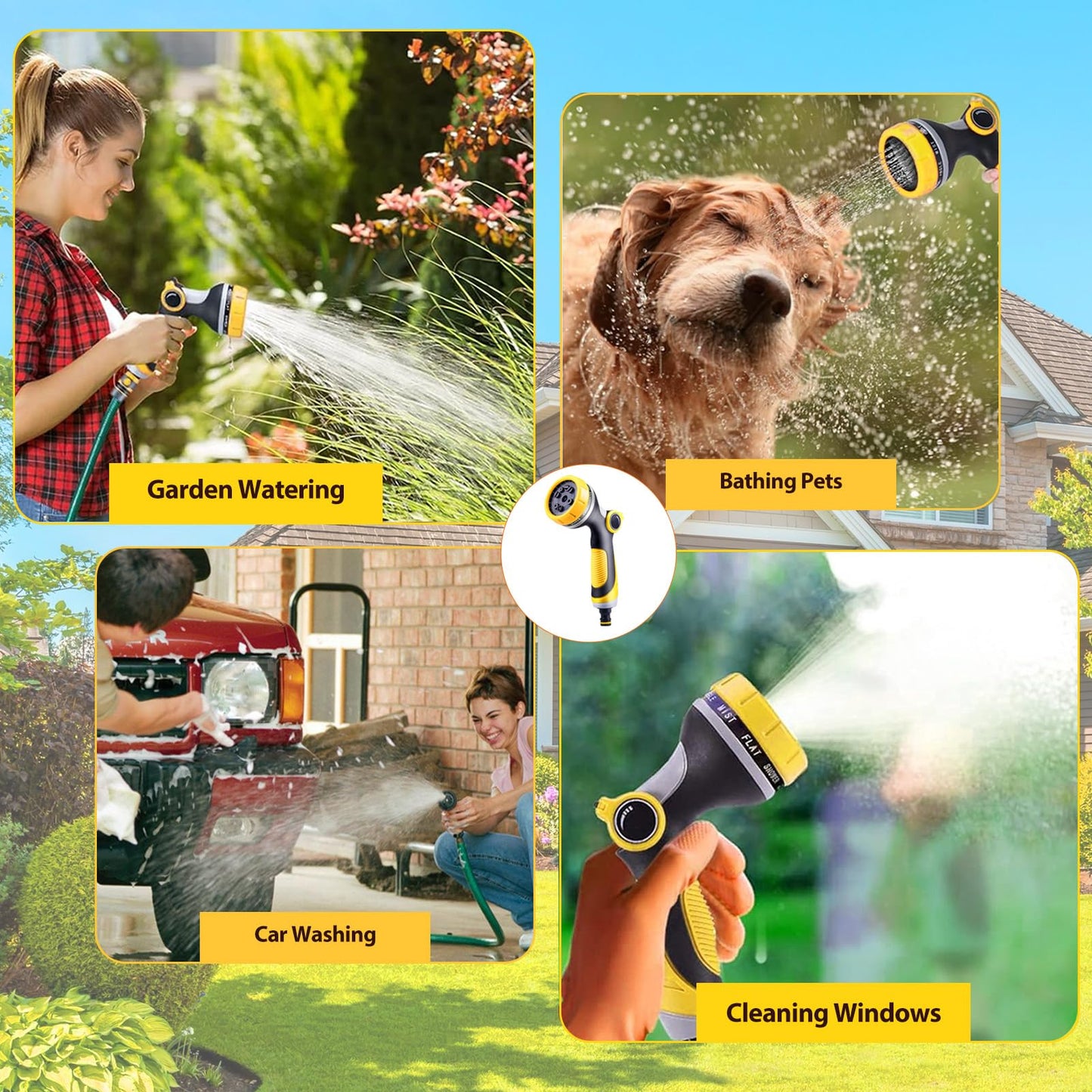 Garden Hose Spray Gun, HundoPony Water Hose Spray Gun 10 Modes High Pressure Water Spray Gun for Plant Watering Car Washing Pet Washing Sidewalk Cleaning-Yellow