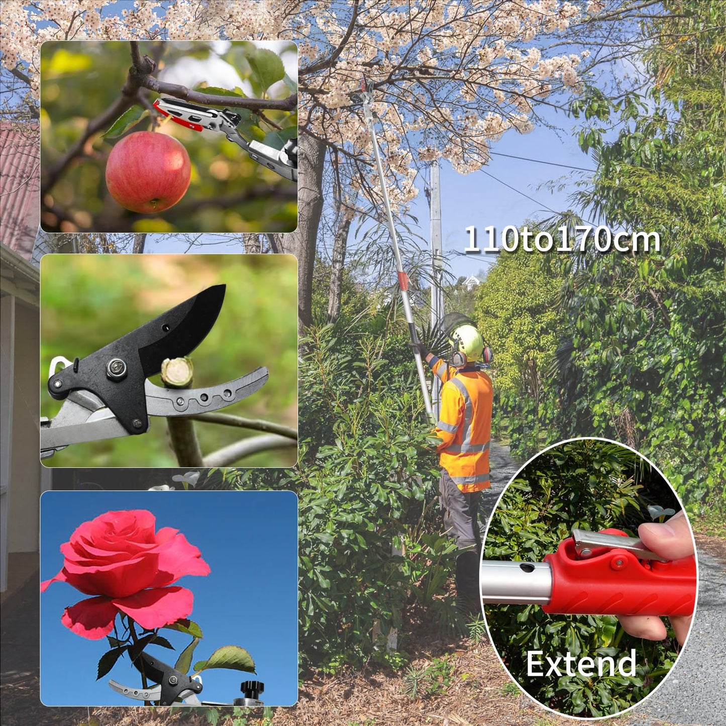 GARTOL Tree Pruner,110cm-166cm Tree loppers Long Reach Telescopic- Lightweight & Strong, Fruit Picker with Rotating Blade Head, Lightweight Aluminum Extendable Handle for Tree Branch Cutter