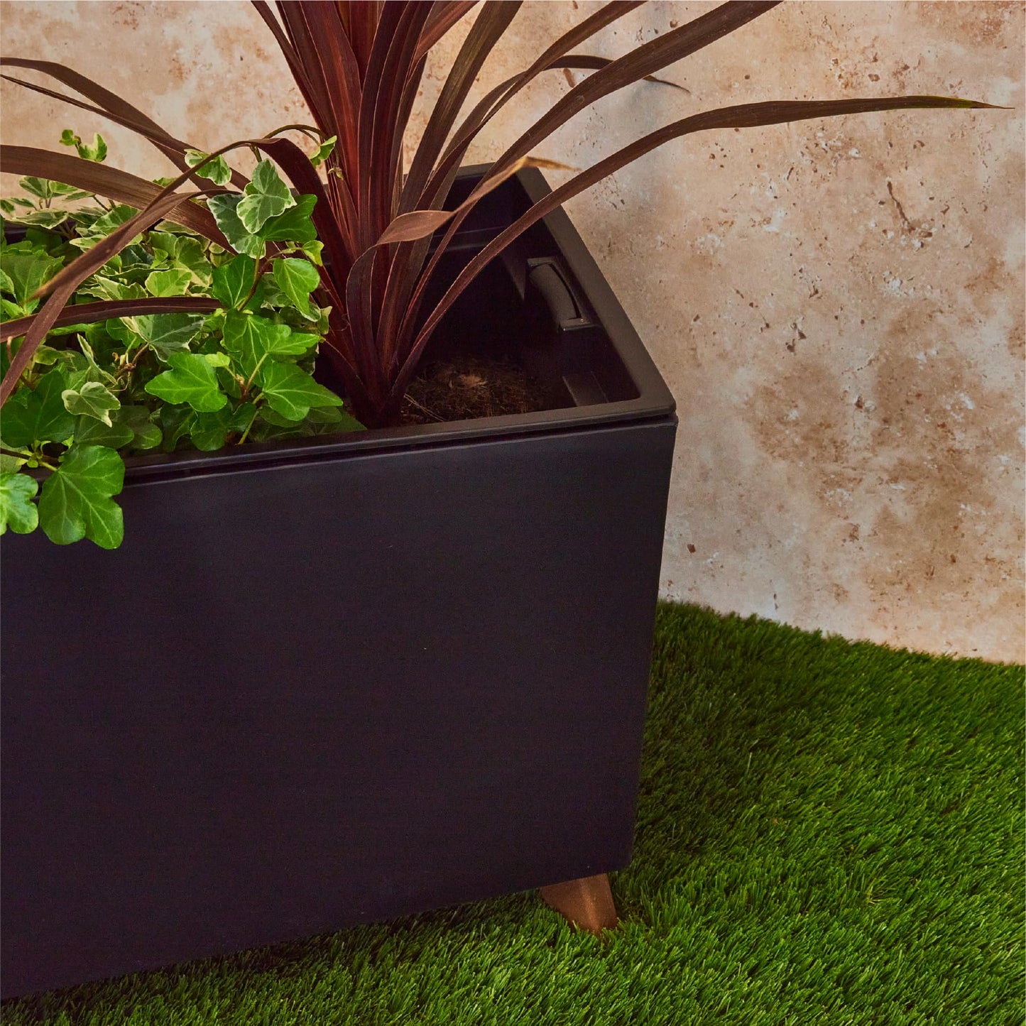Planters Pride Quadro 77cm Recycled Plastic Plant Pot with Insert, Anthracite | 27L Self-Watering Indoor/Outdoor Trough with Legs & Water Reserve | UV-Resistant Large Rectangular Raised Planter Box