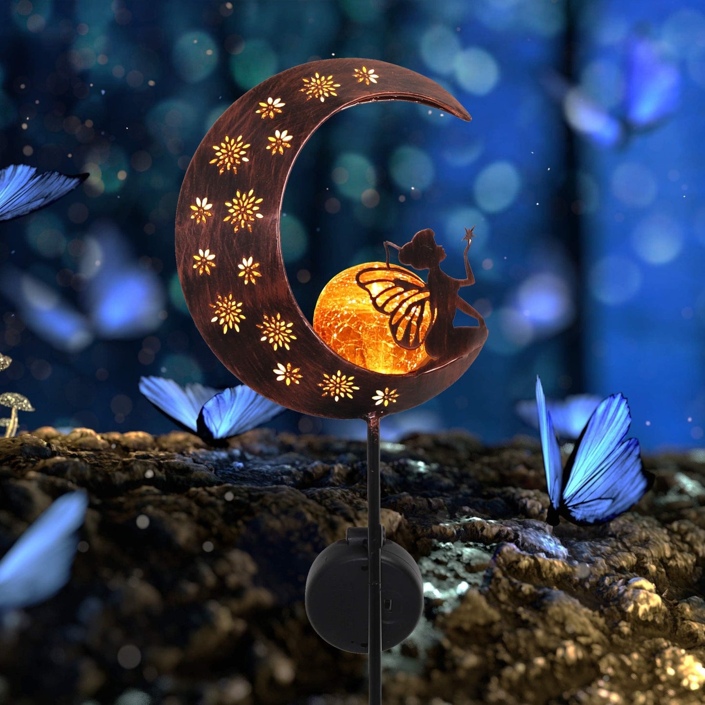 TERESA'S COLLECTIONS Large Garden Ornaments Outdoor, Gifts for Women, Metal Fairy Sitting on Moon Solar Lights Outdoor Garden, Solar Stake Lights with Crackle Glass Ball for Lawn, Path, 40inch
