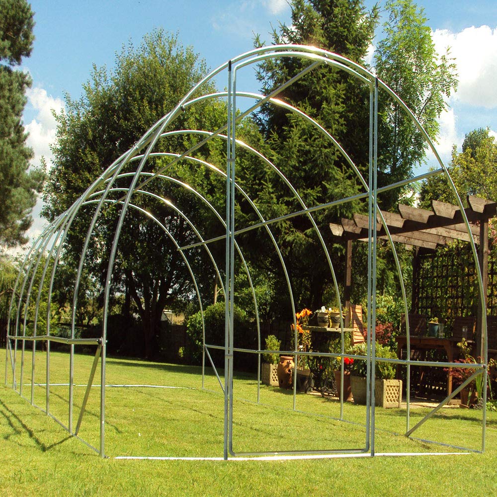 Frame Only 6m x 3m Polytunnel"Strongest In It's Class" a fully Galvanised Structure with more Diagonal & Roof Bracing than all others. Metal Hinged Door | Groundbar Kit.