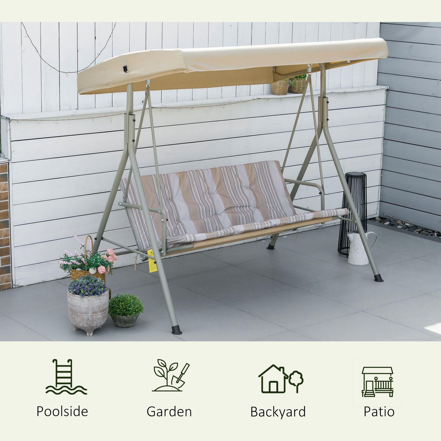 Outsunny 3 Seater Garden Swing Chair Patio Swing Bench with Tilting Canopy, Removable Cushion, Light Brown Top, Brown