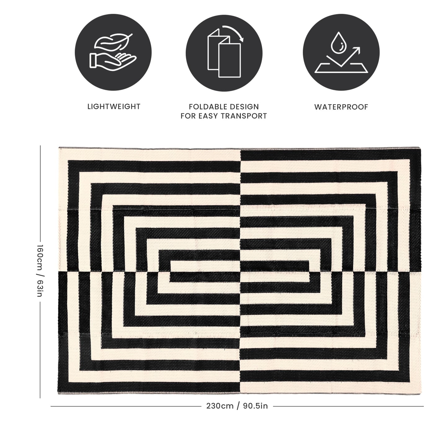 Relsy Outdoor Rug Waterproof Reversible Large 160 x 230 cm Garden Rug, Black & Cream Grid Area Rugs For Garden Outdoor Patio Rug, Camping Mat, Deck, Backyard, Picnic