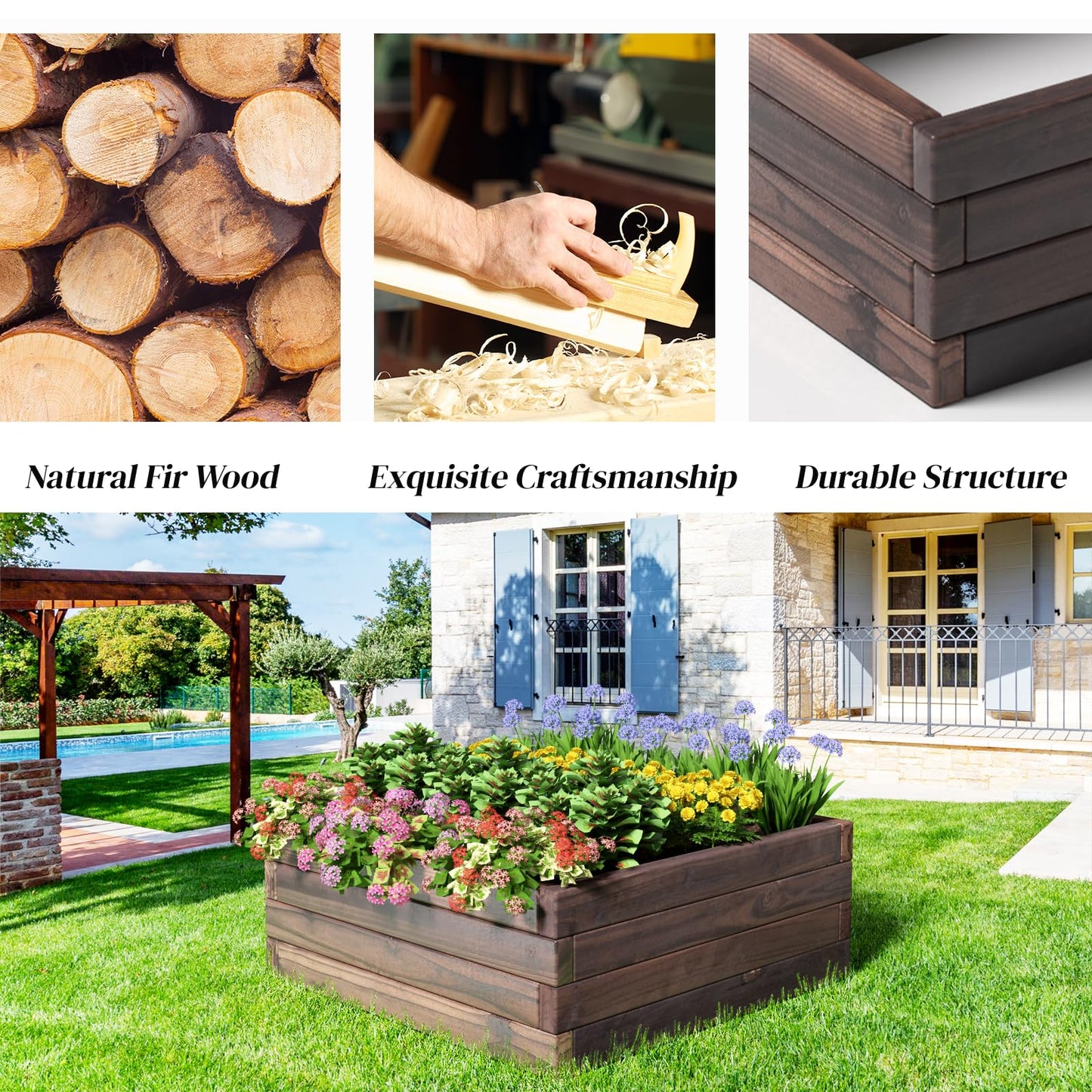 GiantexUK Wooden Raised Garden Bed, Square Garden Planter Box with Open Bottom, Outdoor Elevated Vegetables Herbs Plants Flower Pots Grow Box Container for Patio Backyard
