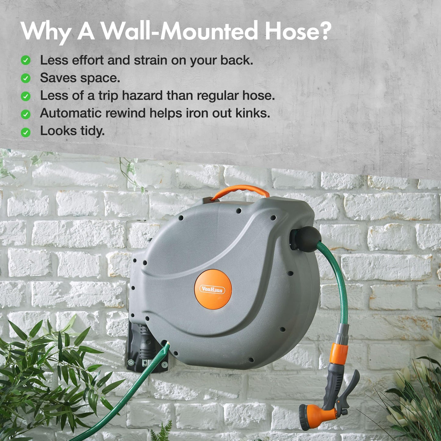 VonHaus Hose Reel 30m – Wall Mounted Hose Reel for Garden, Retractable, Auto Lock and Auto Rewind, Includes Wall Fixings and 8 Function Spray Gun, 180° Pivot Swivelling, Long Reach, Outdoor Watering