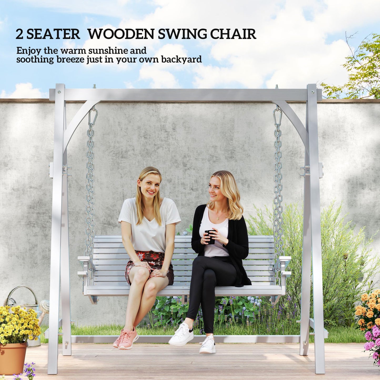 Outsunny 2 Seater Garden Swing Seat, Wooden Swing Chair Bench with Cup Holders for Outdoor Porch Patio, Grey