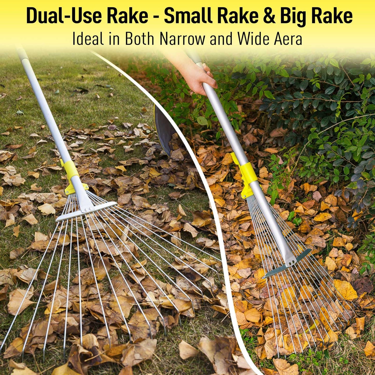 Jardineer 160cm Garden Leaf Rake, Telescopic Leaf Rake for Gardening, Garden Rake for Leaves Among Plants, Lawns and Yards. Adjustable Lawn Rake Head from 22cm to 59cm