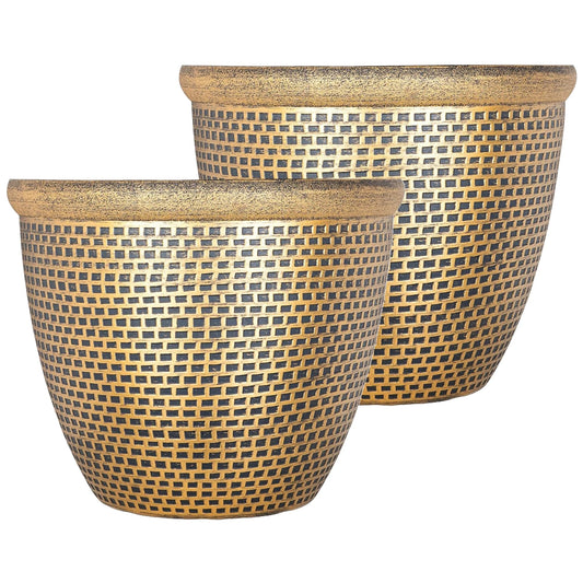 SG Traders 2 X Large Plastic Round Cromarty Plant Pot Flower Pot Planter Garden Decoration Gold 40cm Plant Pot Outdoor Flower Pots Outside Garden Planters Outdoor With Drainage Holes
