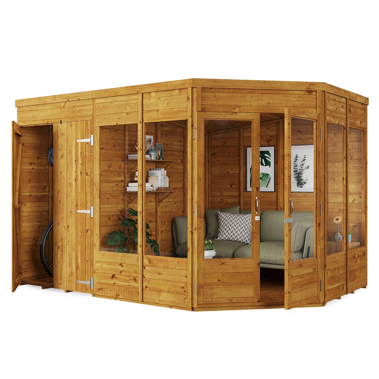 BillyOh Corner Summerhouse Log Cabin with Side Garden Storage Shed 11 x 7 Wooden Summer House Penton Summerhouses 11x7 Spray Treated (Store on Left)