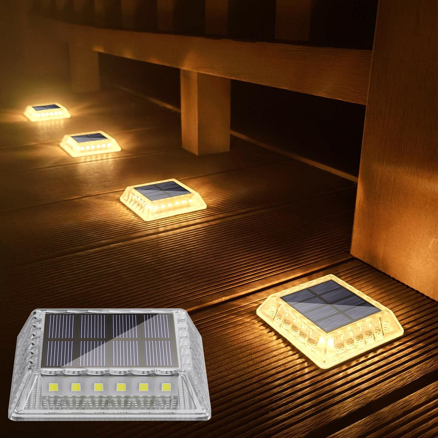 Soslina Solar Decking Lights, Solar Ground Lights Outdoor Garden, Solar Powered Step Lights Waterproof, Solar Lights for Garden Sidewalk Runway Fence Patio Pathway Driveway Dock, Warm White, 4 Pack