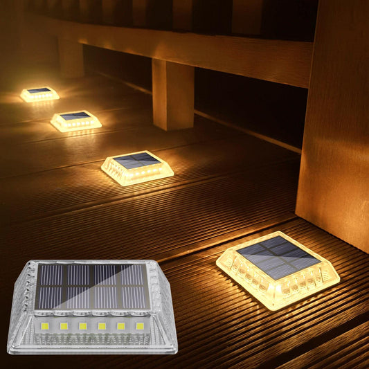 Soslina Solar Decking Lights, Solar Ground Lights Outdoor Garden, Solar Powered Step Lights Waterproof, Solar Lights for Garden Sidewalk Runway Fence Patio Pathway Driveway Dock, Warm White, 4 Pack