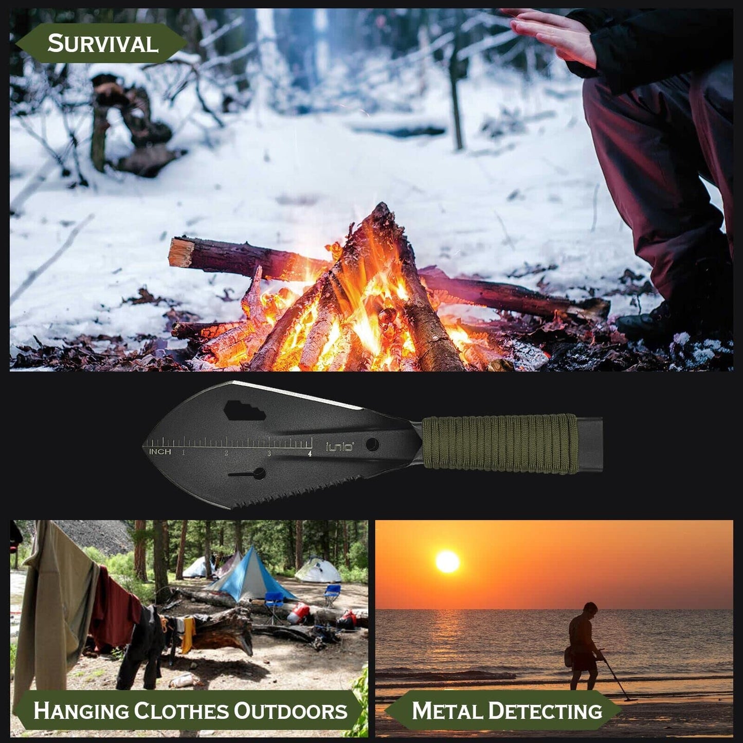 iunio Garden Trowel, Multi Tool Camping Trowel Hand Shovel with Paracord Handle & Carrying Pouch for Metal Detecting, Digging, Gardening, Planting, Outdoor, Black