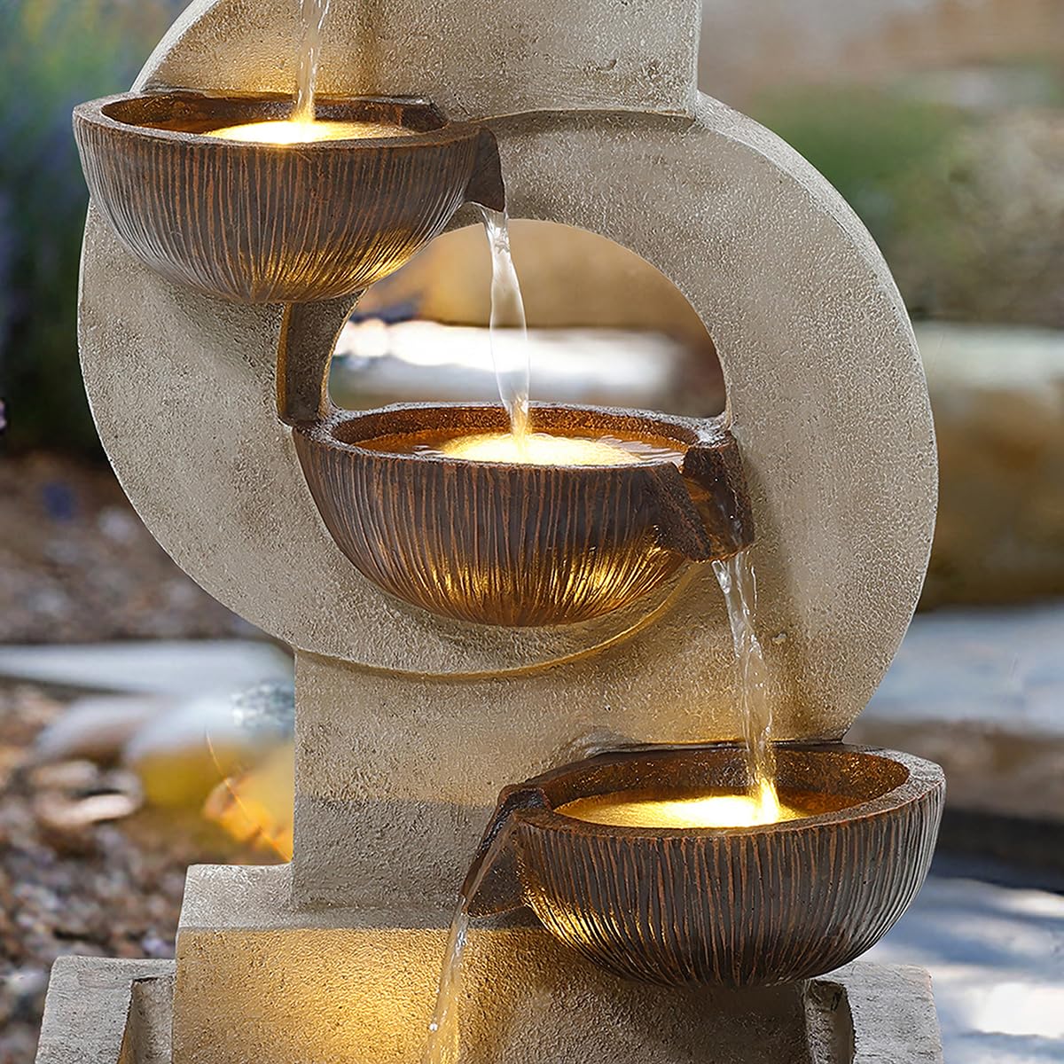 CHARLES BENTLEY 4 Tier Water Feature, UV Resistant, Weather Resistant, Mains Powered, Plug Included, Frost Resistant, Modern, Water Fountain, Built In LED Lights, Polyresin, Stone (59.5x31x25cm)