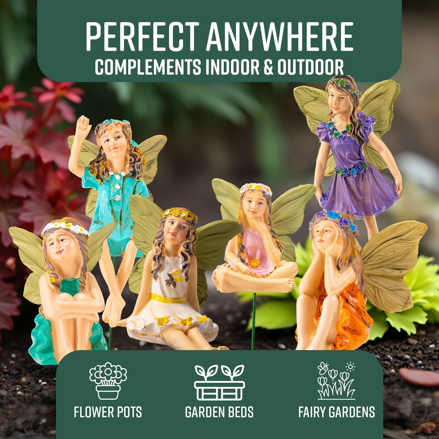 GloBrite Set of 6 Mini Fairies - Garden Outdoor Ornaments Decor Statue Accessories