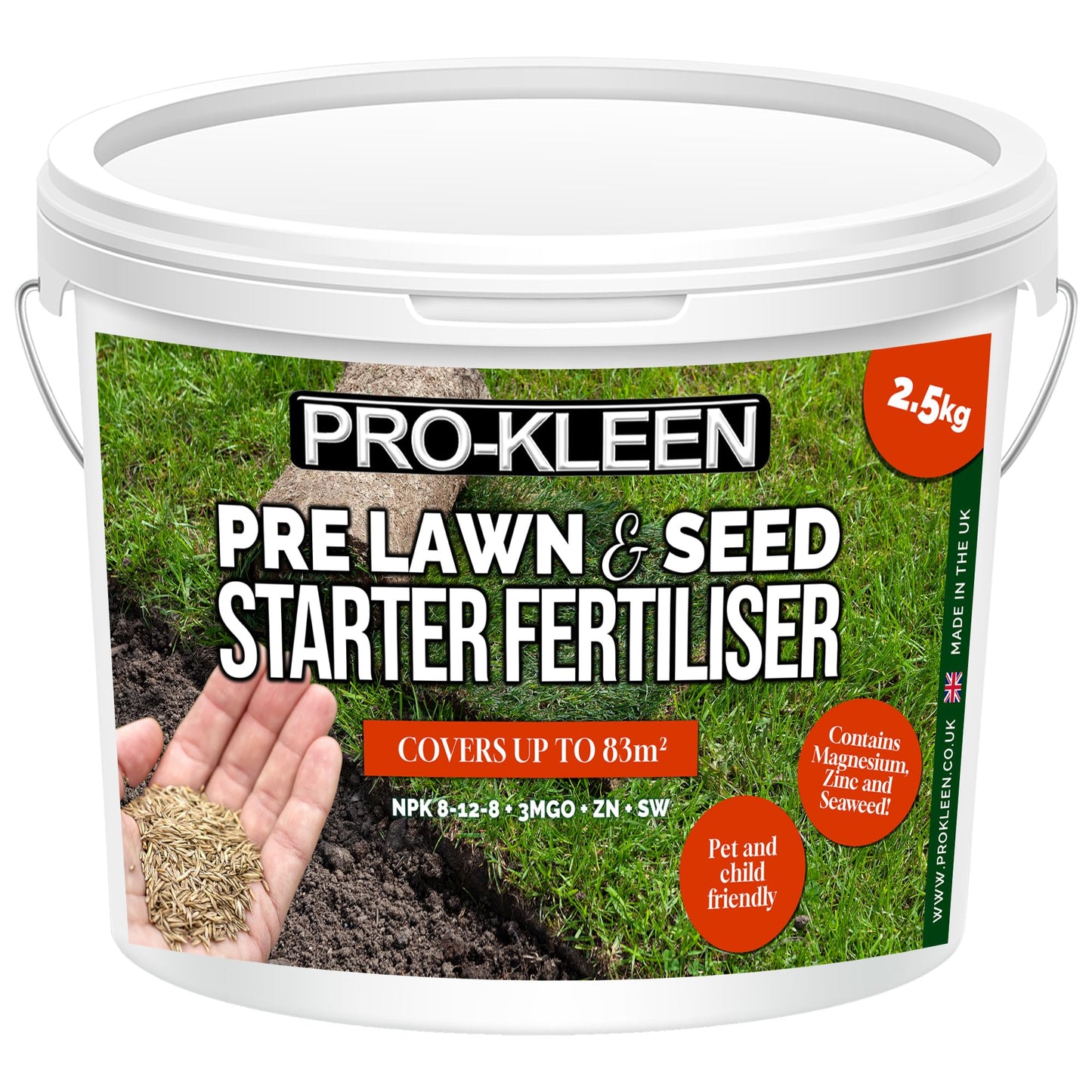 Pro-Kleen Pre Lawn & Seed Starter Fertiliser - Phosphorus Rich with Nitrogen, Potassium & Magnesium (NPK 8-12-8 - 3MgO) with added Zinc & Seaweed - Non-Toxic & Non-Staining - Covers up to 83m2 (2.5kg)