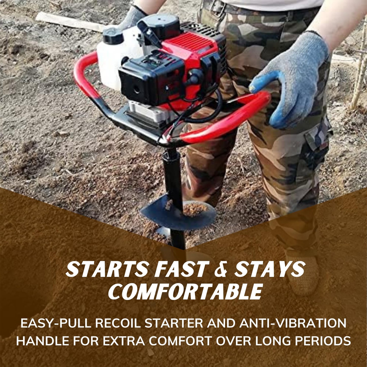 Dealourus 65cc 2-Stroke Petrol Earth Auger – Heavy-Duty Fence Post Hole Digger with 3 Auger Drill Bits & Extension Pole