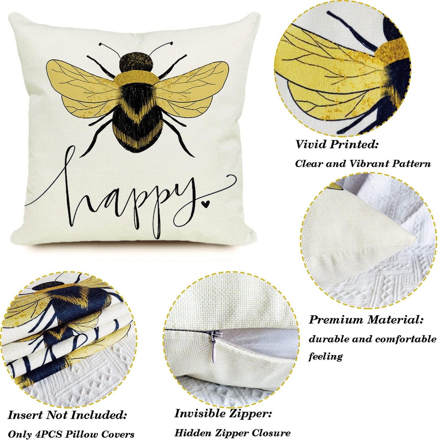 KUNQIAN Bee Cushions Cover Outdoor Waterproof Cushions Yellow Bee Pillow Covers Set of 4 Home Decorative for Sofa Linen Square Outside Office 18x18 Inch 45x45cm