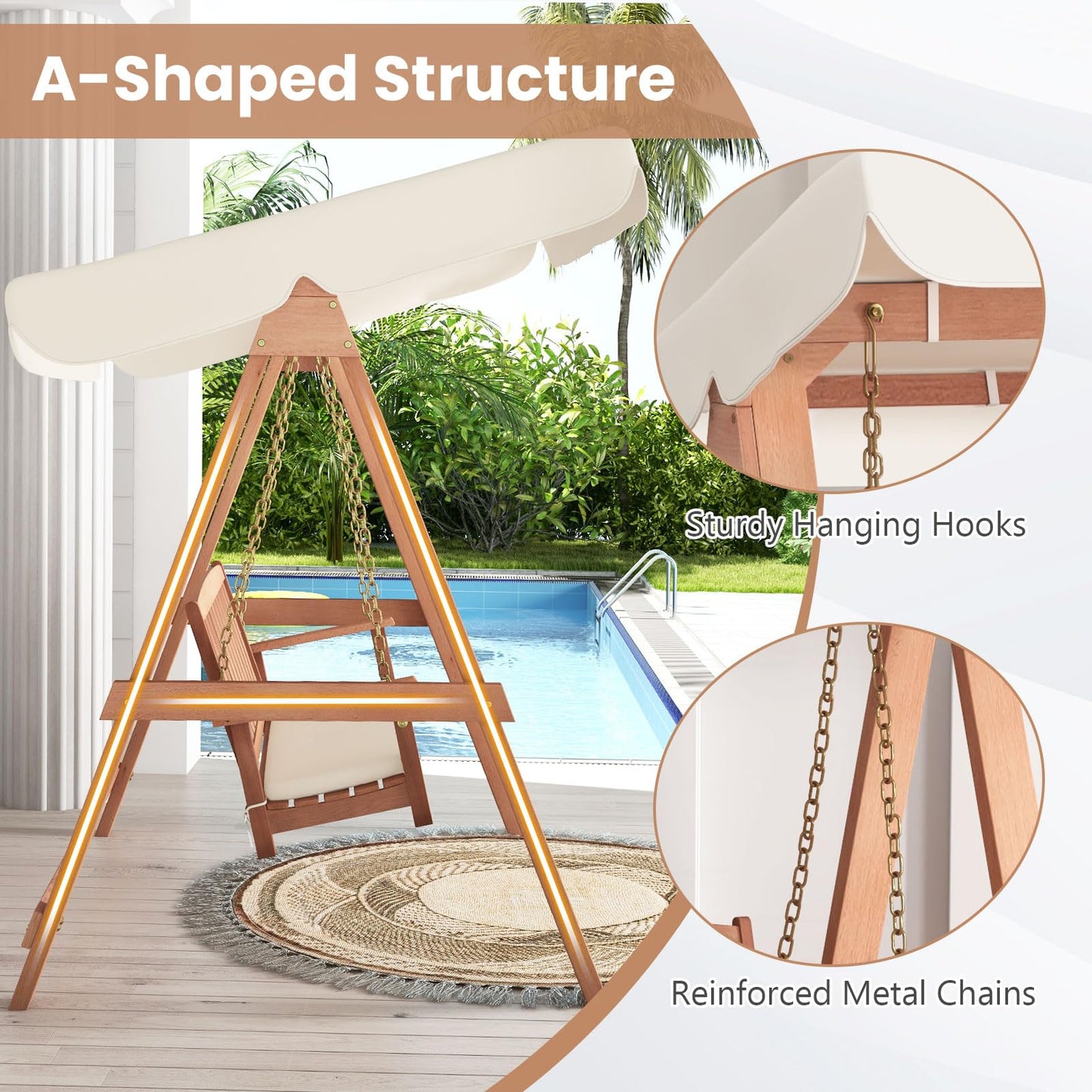 COSTWAY Outdoor 2-Seat Swing Chair Set, Wood Porch Swing Bench with Canopy, A Frame, Sturdy Metal Hanging Chains and Soft Seat Cushions, Swing Seat for Patio, Garden & Backyard