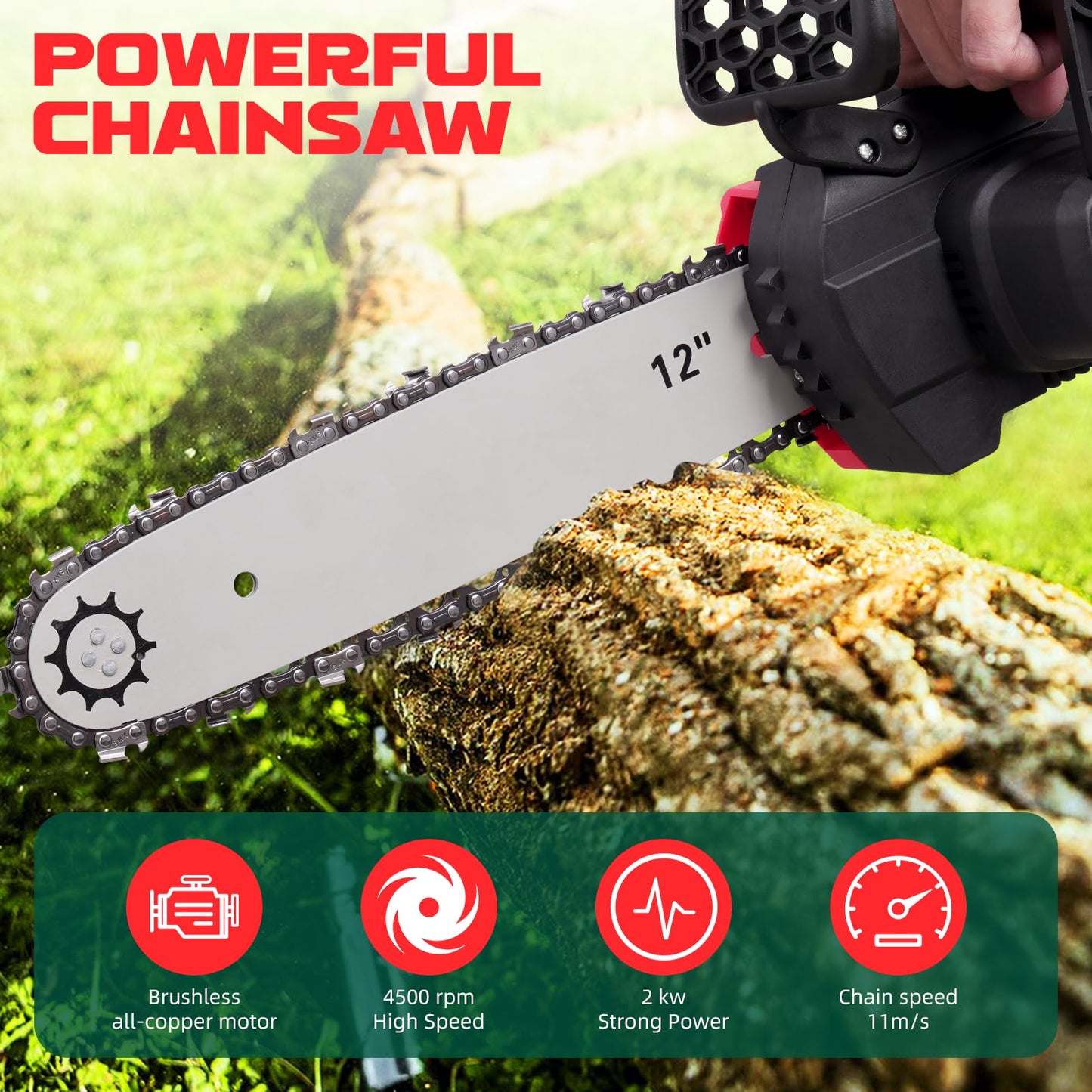 2000W Electric Chainsaw, 21V Cordless Chainsaw with Battery and Charger, 12in Powerful Electric Battery Chainsaw with 2 Chains, Chain Saw for Garden Tree Pruning, 4500rpm, 11m/s Chain Speed